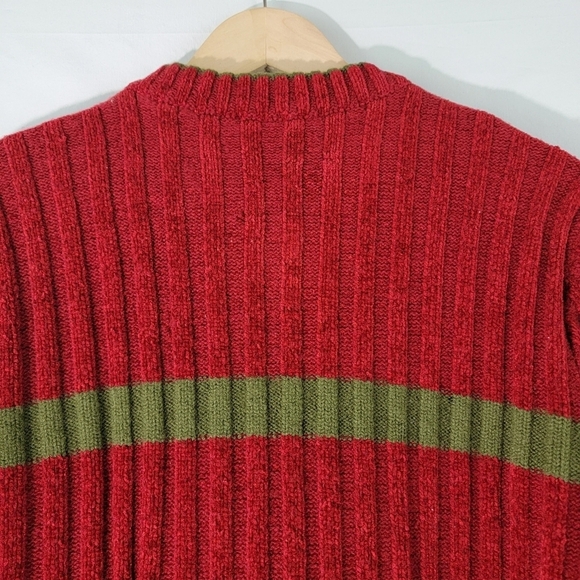 MOSCHINO Jeans Men's Red/Green Stripe Wool Blend Ribbed Knit Sweater Sz M V-neck - Picture 7 of 11